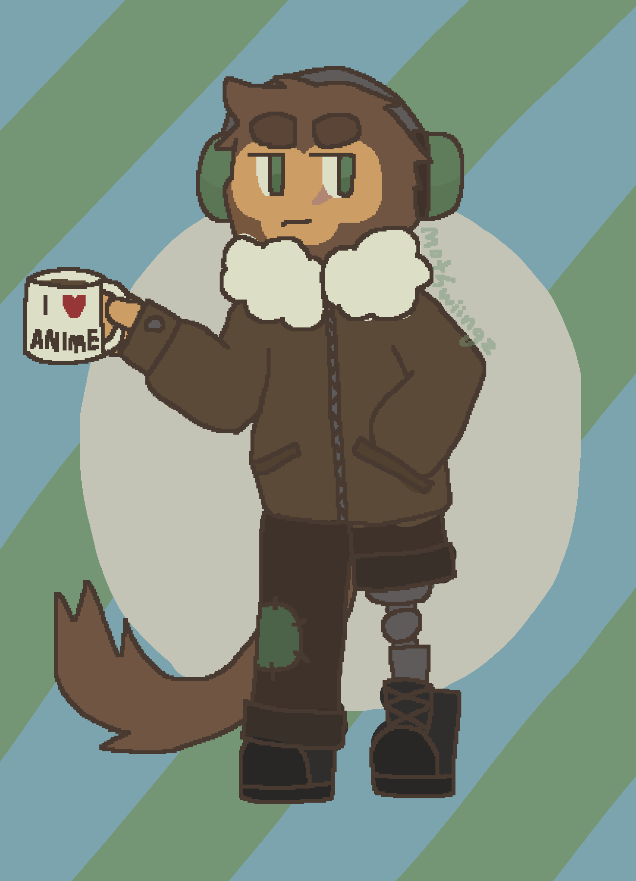 ID: Churchill design for this AU. He is scowling slightly, and holding a mug that says “I ❤️ ANIME”. He is wearing an oversized brown coat with sherpa lining, and darker brown pants with one leg cut short to accomodate his prosthetic leg. They also have a green patch on the knee of the remaining leg that matches his green ear defenders and green eyes. His tail is short for a monkey but very bushy. /end ID