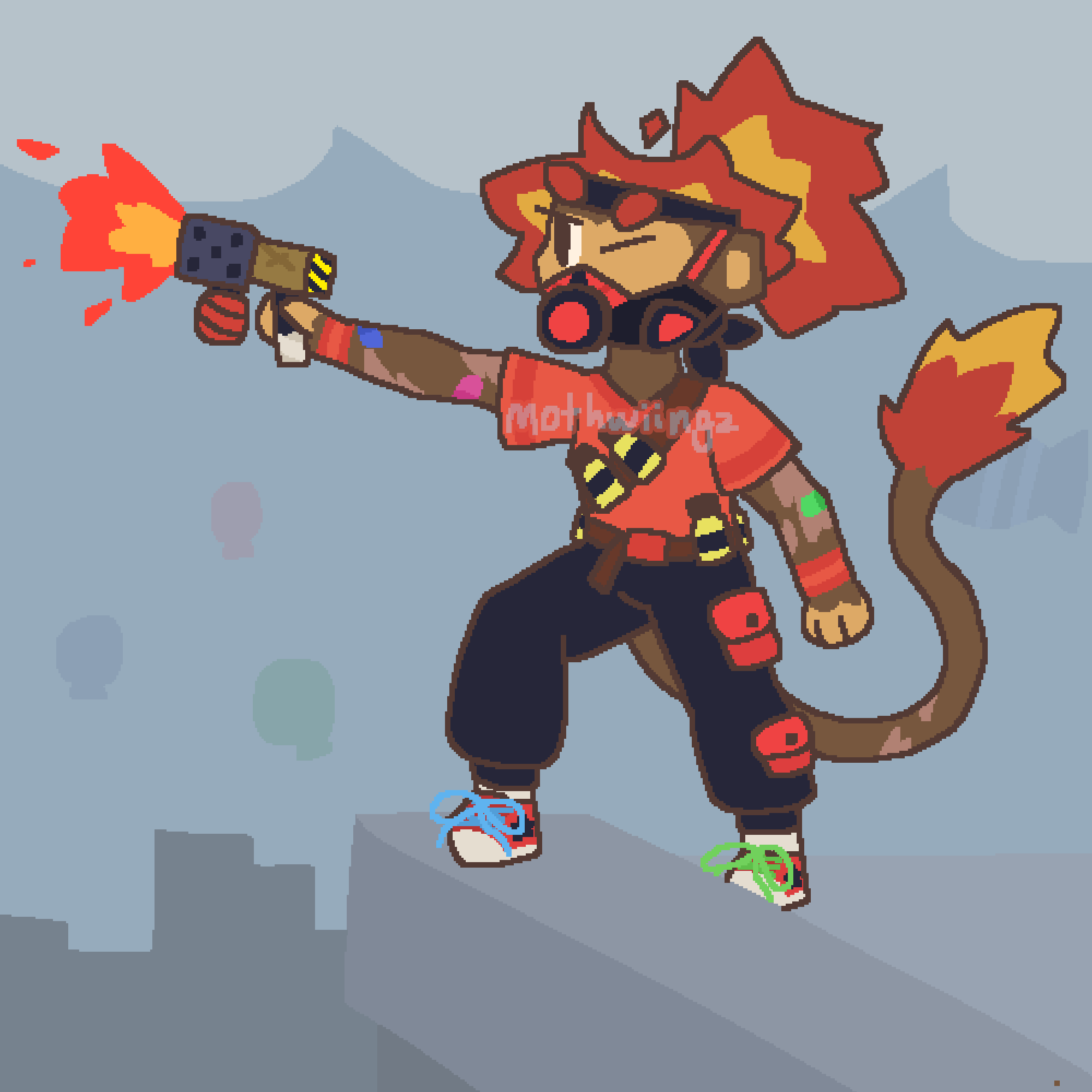 ID: Gwendolin design for this AU. She is standing on top of a building, firing her flamethrower towards an unknown subject off of the screen. Her spiky red-and-yellow hair is pulled back in a ponytail, with a black headband holding her bangs out of her eyes. Her tail is tipped with a red-and-yellow tuft of fur similar to her hair. She is wearing a black-and-red filtration mask. A sash around her chest, along with the belt it's attached to, hold vials full of something flammable, and her pants are fitted with several extra pockets. Scars, scratches, and bandages sparsely cover the exposed fur on her arms and tail. /end ID