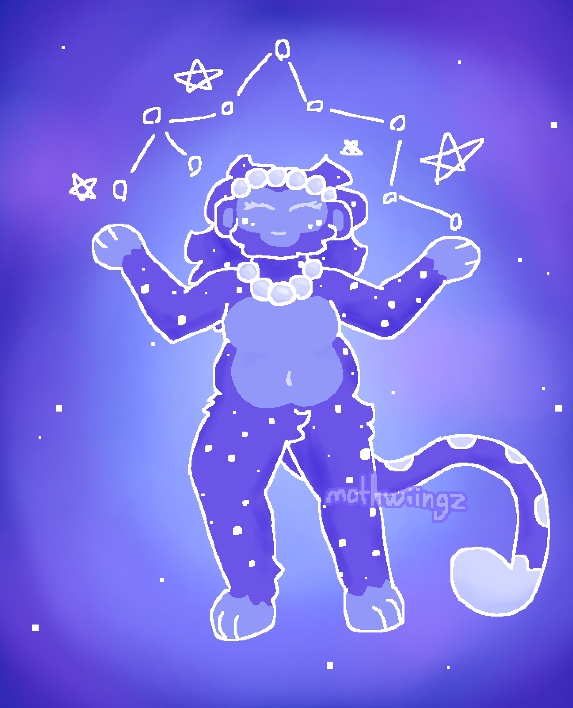 ID: a digital drawing of a chubby anthropomorphic monkey floating in space. She has fluffy purple fur, which is speckled with white star-like markings. Her hair is the same color and pattern as the rest of her fur, and is fluffy and thick, reaching about halfway down her back. She has two star-like marks under each eye. There are large white circle markings leading down the top side of her tail, and the tip of her tail is the same color. A crown of moonstones sits atop her head, polished into spheres, and she wears a matching necklace. Her eyes are closed, and she is smiling. /end ID