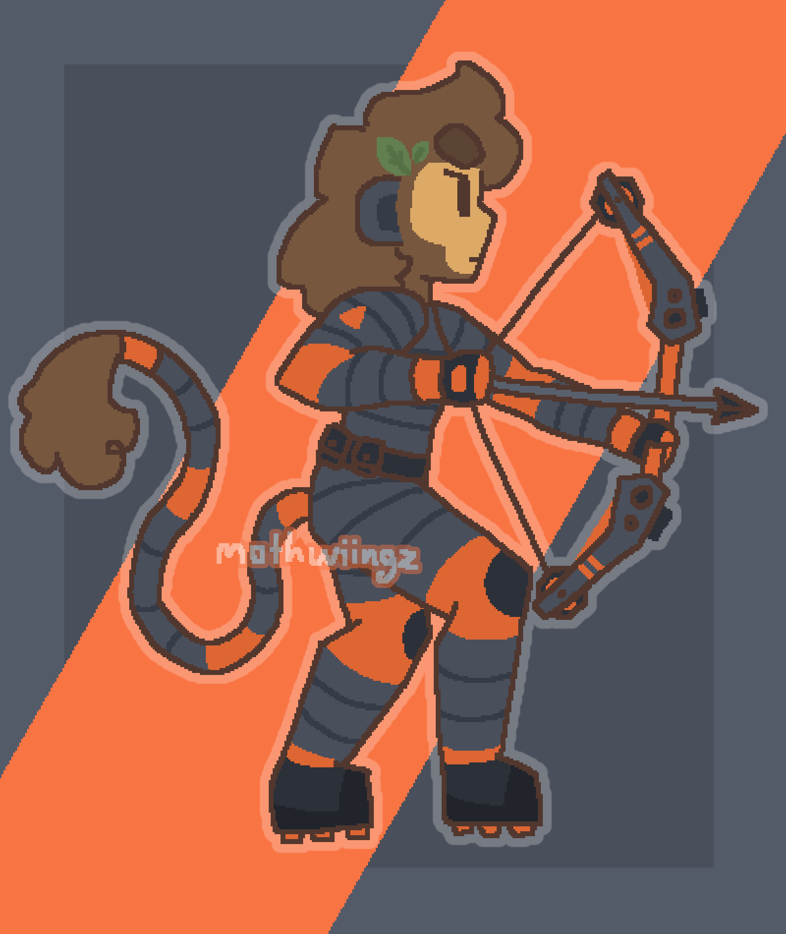 ID: Quincy design for this AU. He is crouching with his bow halfway drawn. He has long, fluffy hair, and a big poof of fur is poking out of the end of his tail armor. He has prosthetic metal ears that match his armor. Extra points of flexibility, marked with bright orange fabric, have been added around his joints, and his boots have extra traction added onto them. There's a sprig of leaves tucked behind his ear. /end ID