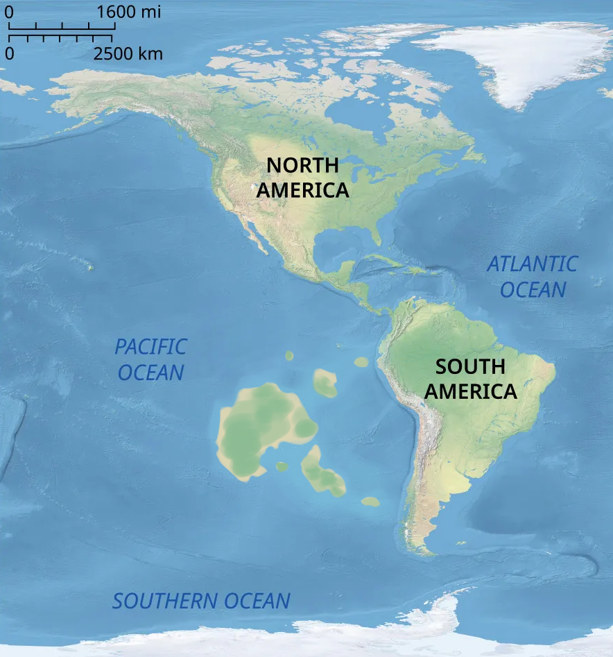 ID: A physical map of North and South America. A small, fictional continent, about half the size of Australia, has been edited into the space about 1,600 miles/2,500 km west of South America. Several smaller islands are near the larger one. /end ID