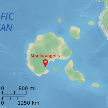 ID: A zoomed-in version of the previous map. The real continents have been cropped out of the picture so only the islands are visible. The location of Monkeyopolis is marked by the coast on the southwest side of the continent, up against a large bay. /end ID