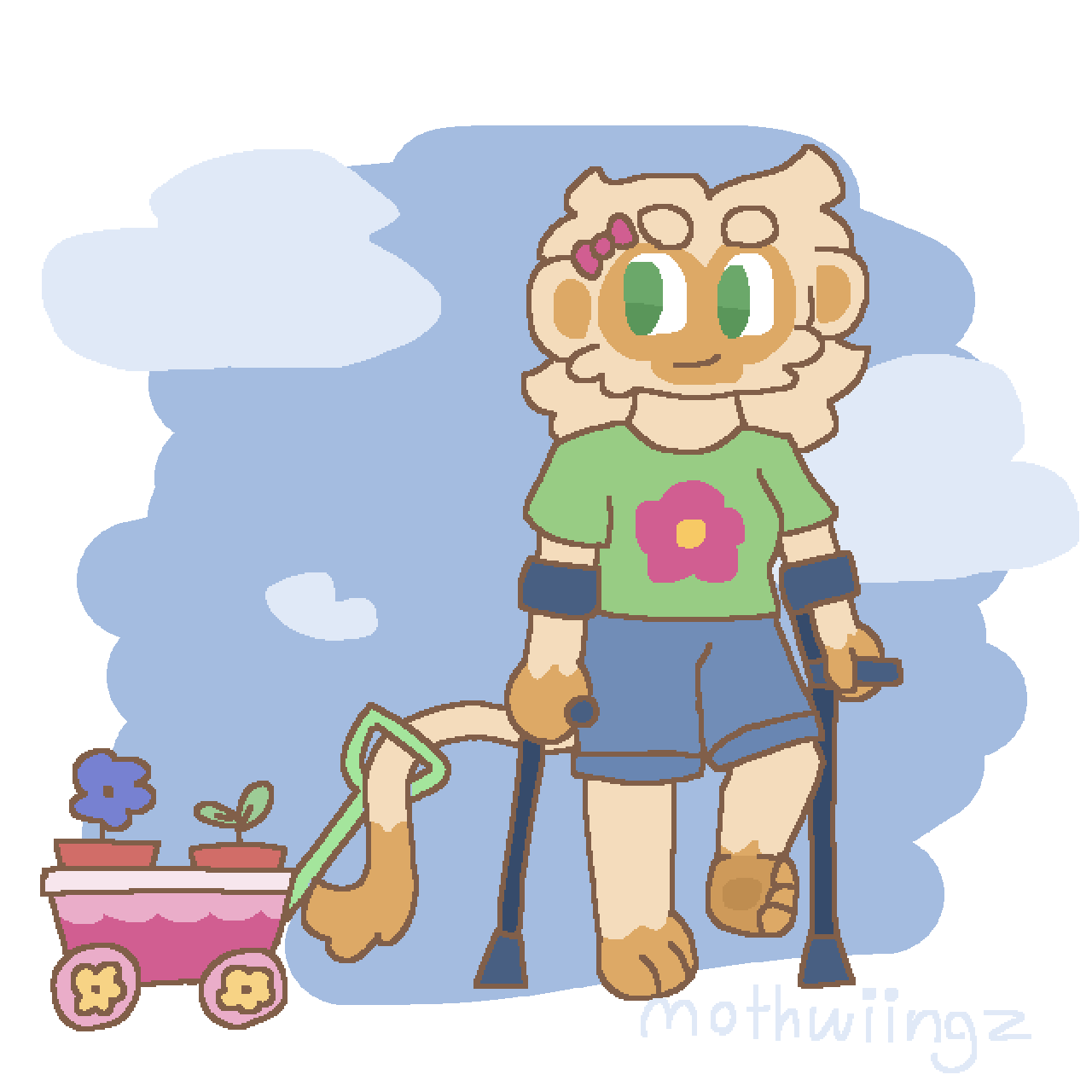 ID: A drawing of my OC Rosalin, a Druid Monkey with pale fur, green eyes, and an injured paw. She is pulling a pink wagon with potted plants in it, holding the handle in her tail; her hands are occupied with using her forearm crutches to walk. /end ID