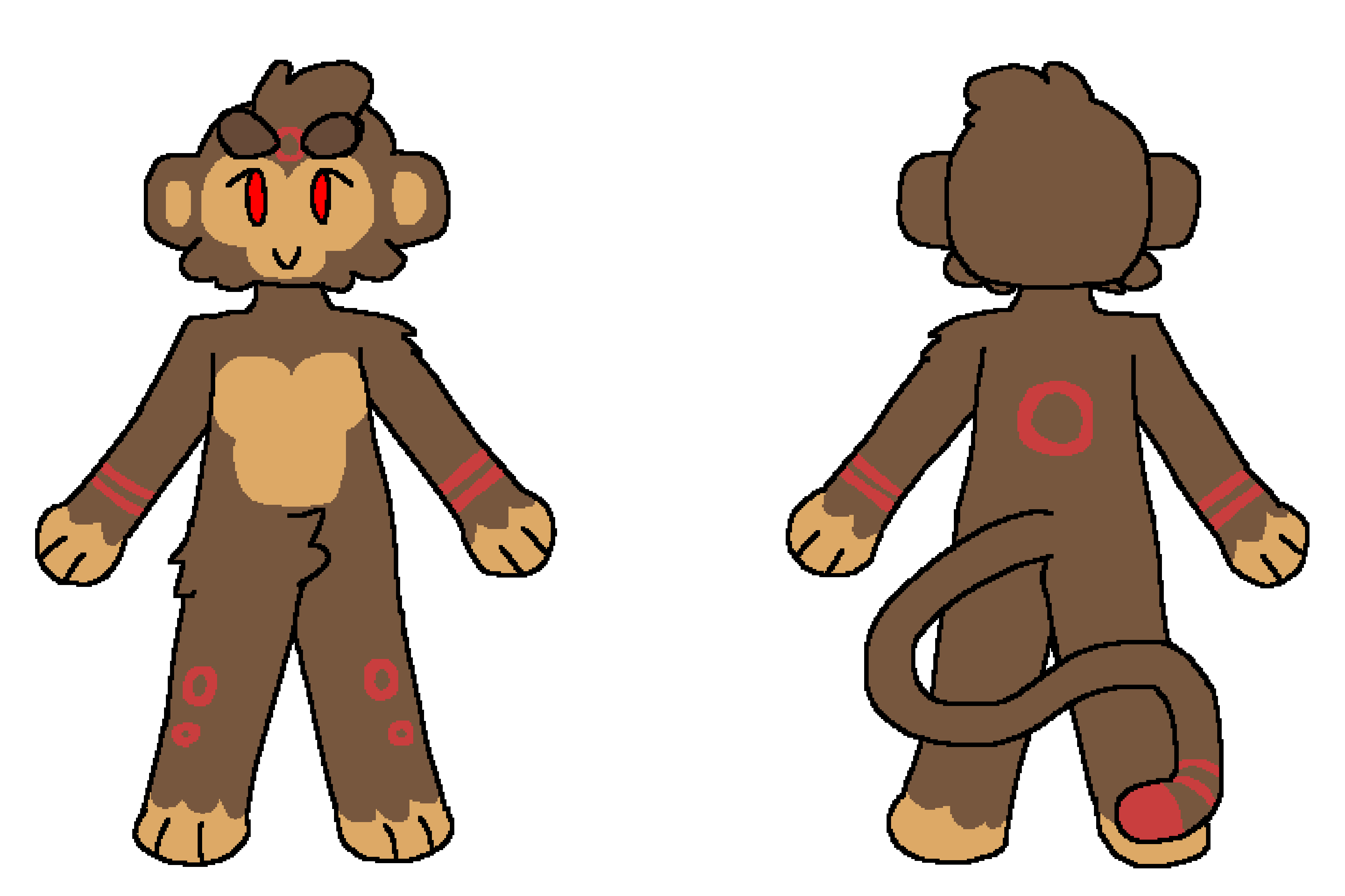 ID: a digital drawing of an anthropomorphic monkey, showing both the front and back side of the monkey. It has several red markings: two thin bands on each wrist, two rings on the front side of each lower leg, a ring on its forehead, a large ring on its back, and a cap on its tail tip. /end ID