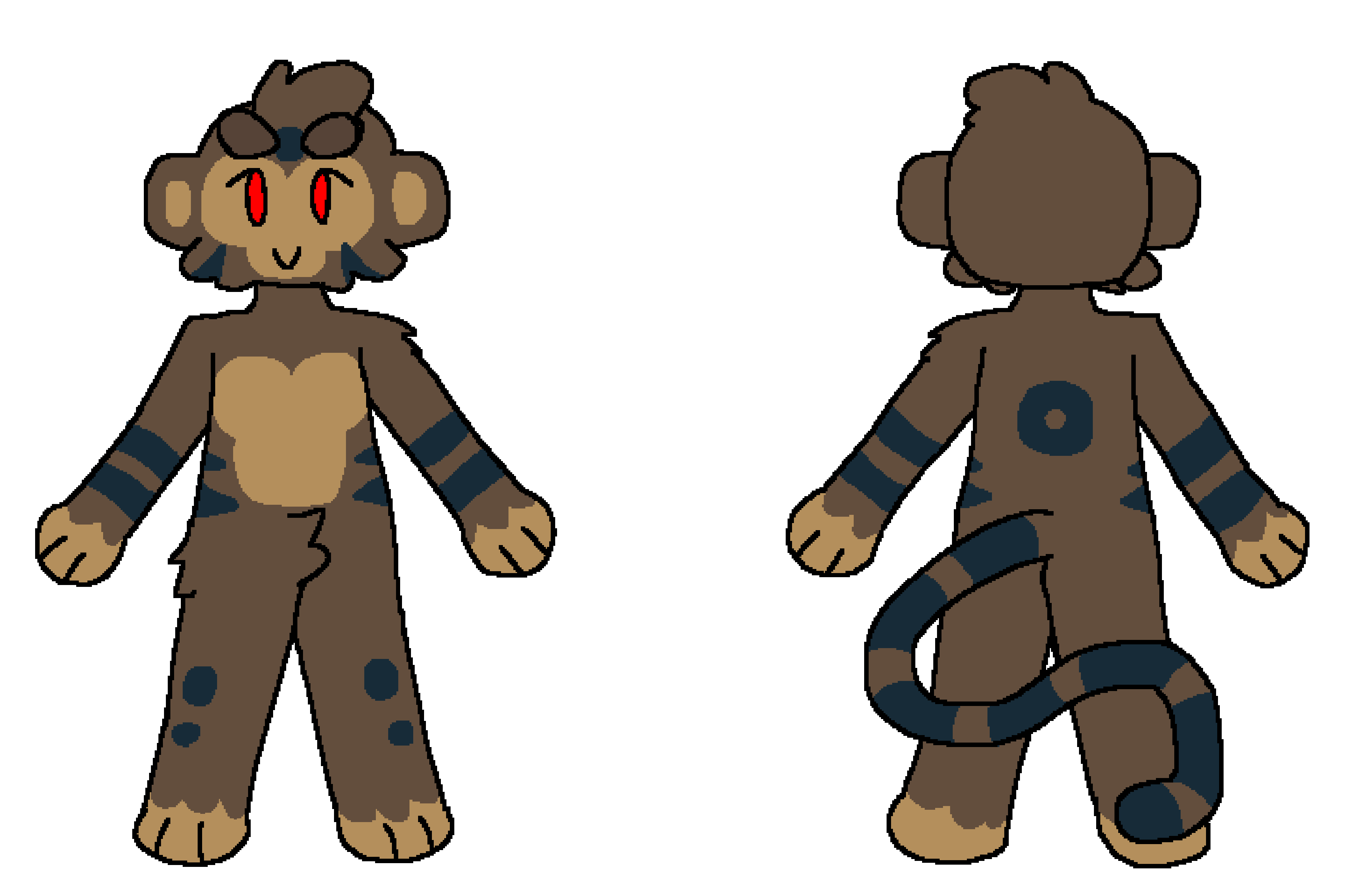 ID: a digital drawing of an anthropomorphic monkey, showing both the front and back side of the monkey. It has many black markings: two thick bands on each arm, two circles on the front side of each lower leg, a circle on its forehead, a large ring on its back, huge black bands covering almost its entire tail, a stripe on each cheek, and two stripes on each hip. Its entire body has been overlaid with the same shade of black, including skin. /end ID